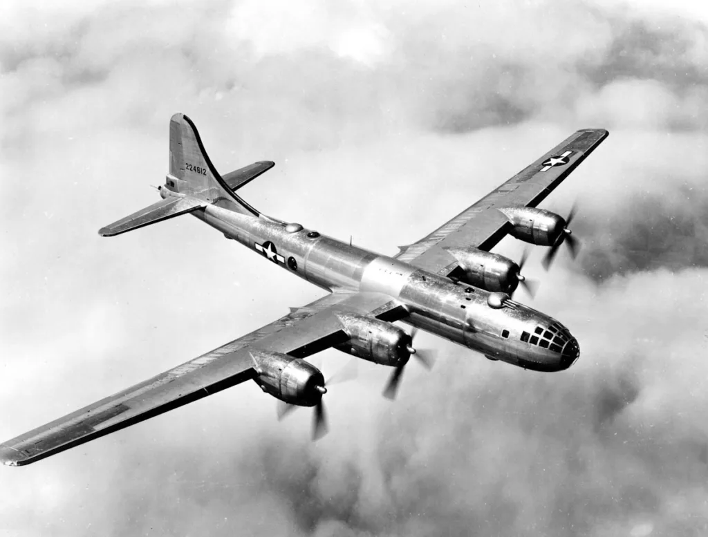 Iconic 224612 Boeing B-29 Superfortress with huge wings span in flight