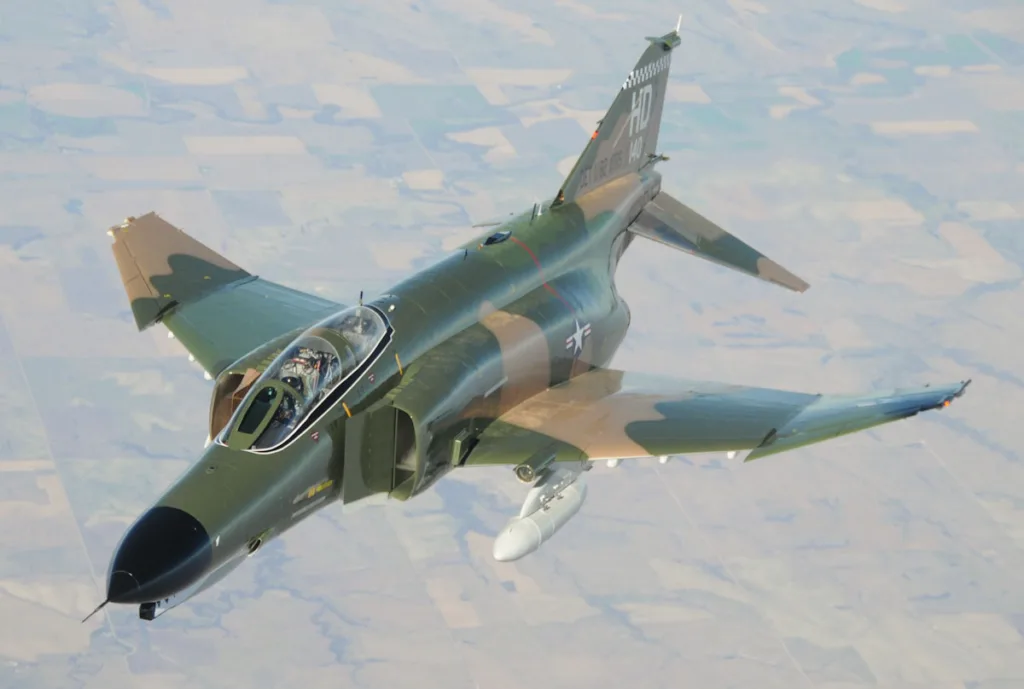 Ariel view of McDonnell Douglas F-4 Phantom II in camouflage colour