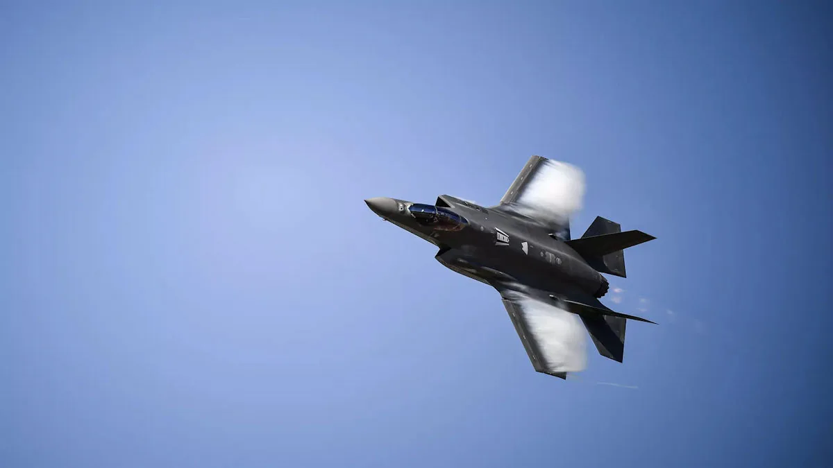 F-35 stealth fighter in clear blue sky cross angle view United States Military Aviation