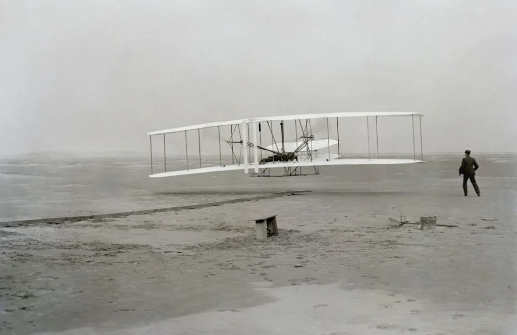 black and white image of plane made by Wright Brothers